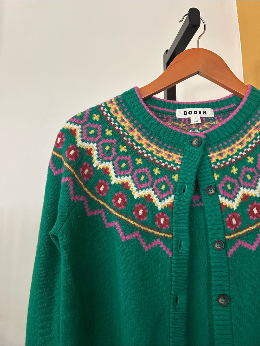 Boden Edie Fair Isle Cardigan Sweater Yoke Button Front Crewneck Green Size XS - Picture 4 of 7